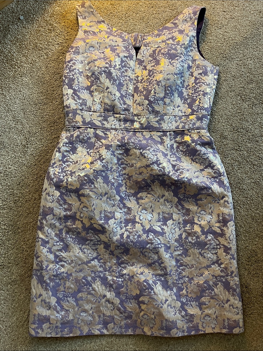 Tahari sz8p Glittering Gold Champagne Lilac Brocade Dress Gathered Knot Notch